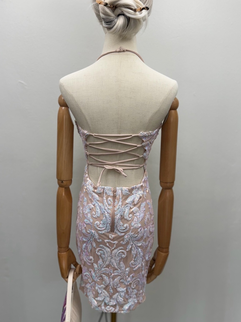 Windsor Pink Sequin Halter Mini Dress Lace Up Back Bodycon Cocktail Party - Picture 5 of 14